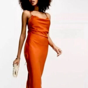 ASOS "NEW" Rust Hi Shine Side Slit Satin Lace Up Back Preppy Slip Dress Size 0